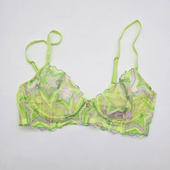 Savage X Fenty Other - Savage X Fenty Lime Green Star Mesh Bra 32D Sheer Plunge